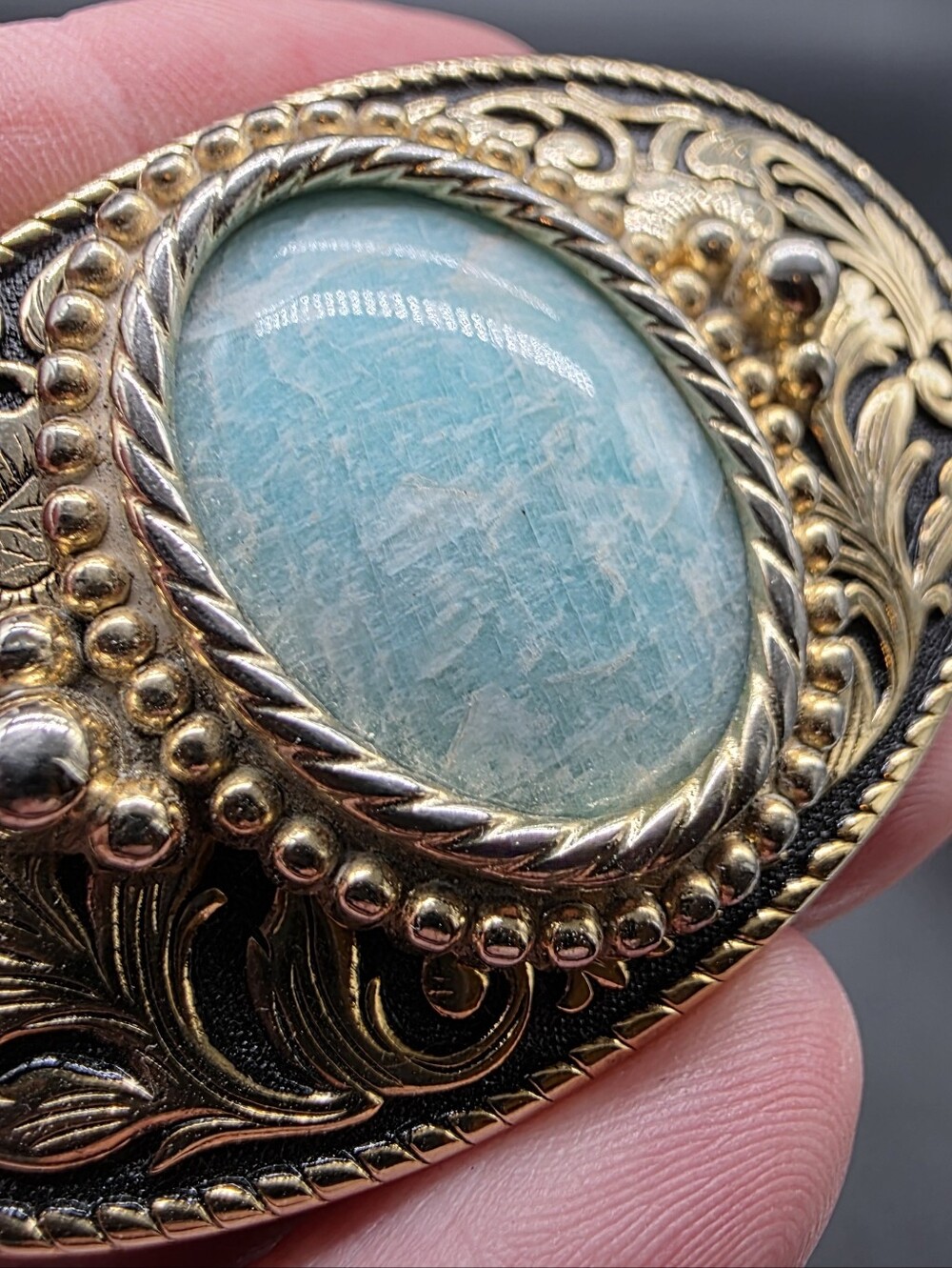 Milky Aquamarine Oval Stone Gold-Tone Filigree Buckle